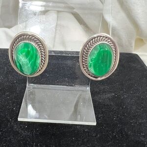 Southwest Style Silver Malachite Post Earrings With 925 Silver Signed Ea…